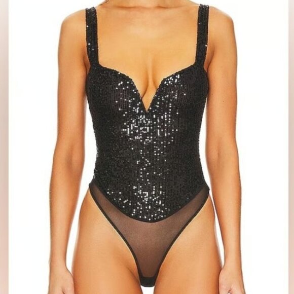 NWT! Free People Intimately Sparks Fly Sequined Black Thong Bodysuit Size Small - Picture 3 of 6
